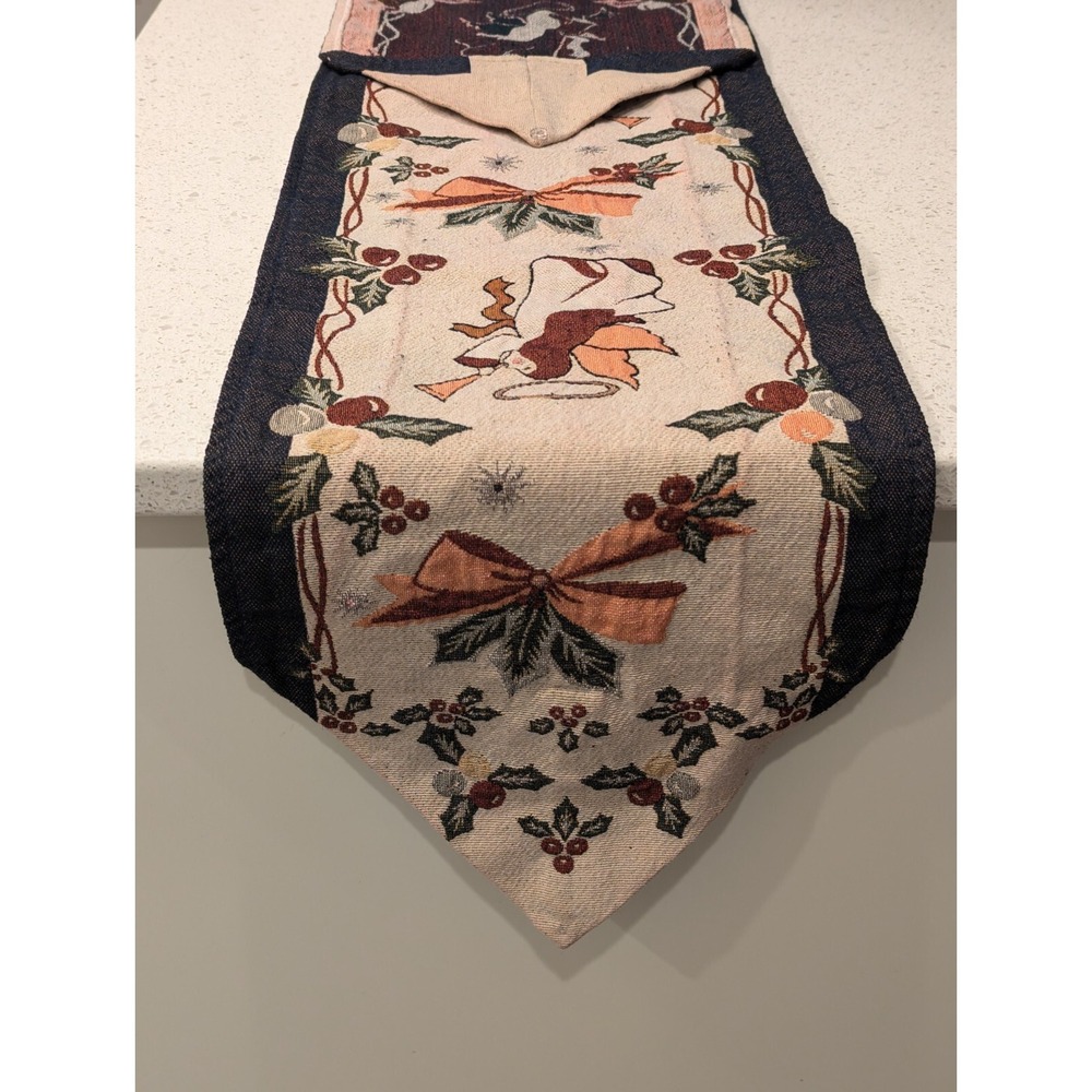Christmas Tapestry‎ Table Runner 54 x 12 Angels Holly Bow Beige Blue Gold Tassel - Picture 3 of 7